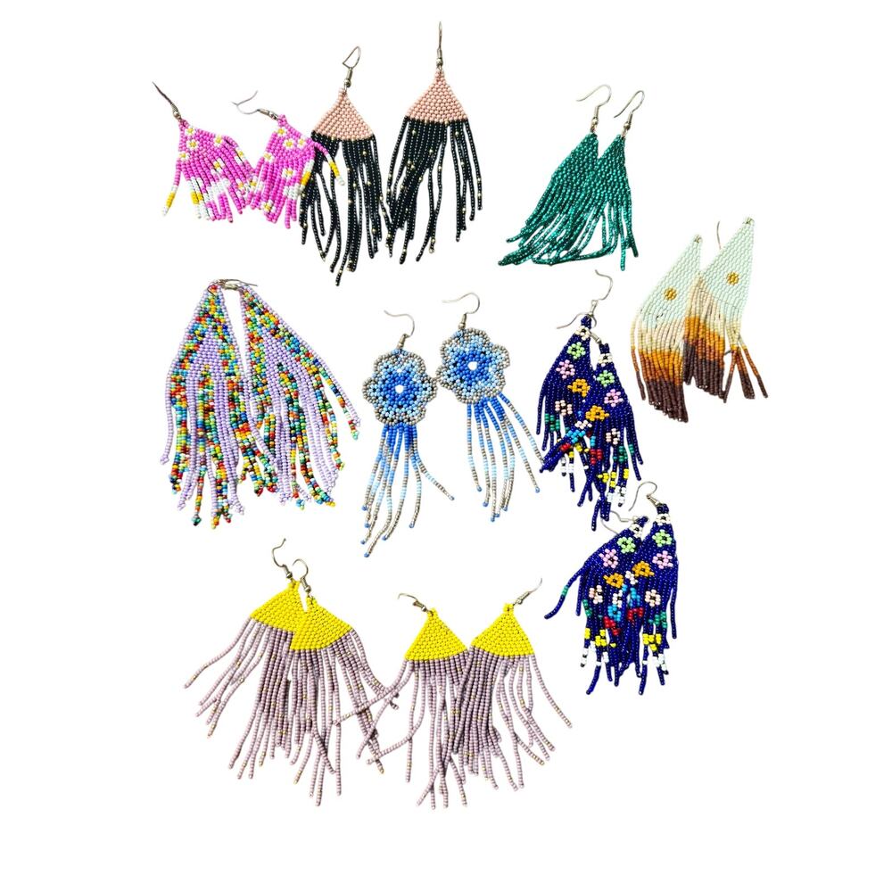 10 Pairs Multi-Color Designs Handmade Beaded Indigenous Mexico Earrings